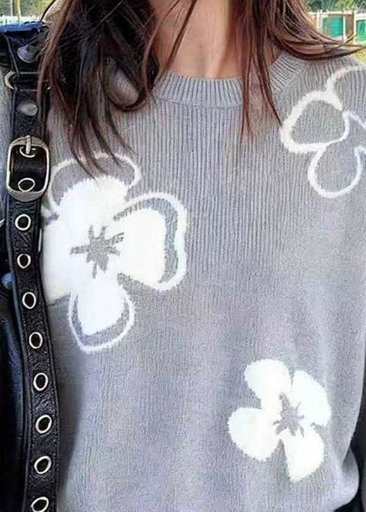 Loose Grey O Neck Floral Knit Sweaters Lantern Sleeve - Image 2