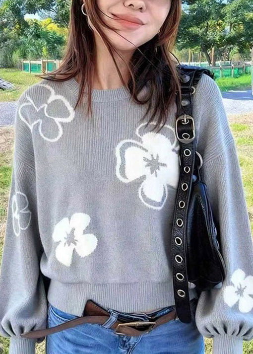 Loose Grey O Neck Floral Knit Sweaters Lantern Sleeve - Image 3