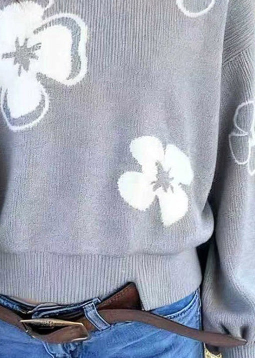 Loose Grey O Neck Floral Knit Sweaters Lantern Sleeve - Image 4