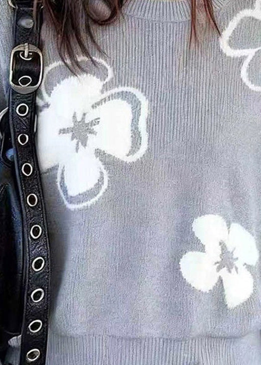 Loose Grey O Neck Floral Knit Sweaters Lantern Sleeve - Image 5