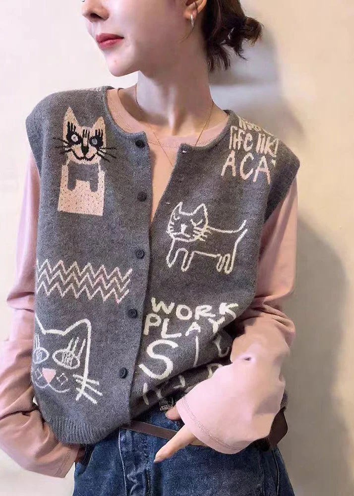 Loose Grey O-Neck Print Button Knitted Cotton Waistcoat Sleeveless - Image 3
