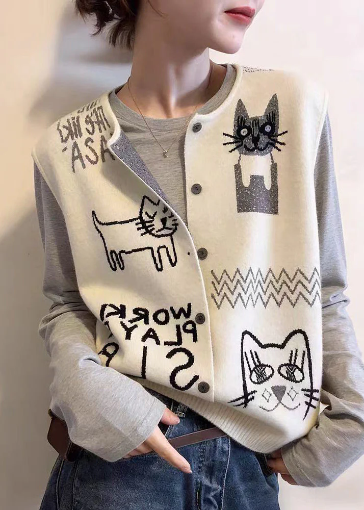 Loose Grey O-Neck Print Button Knitted Cotton Waistcoat Sleeveless - Image 4