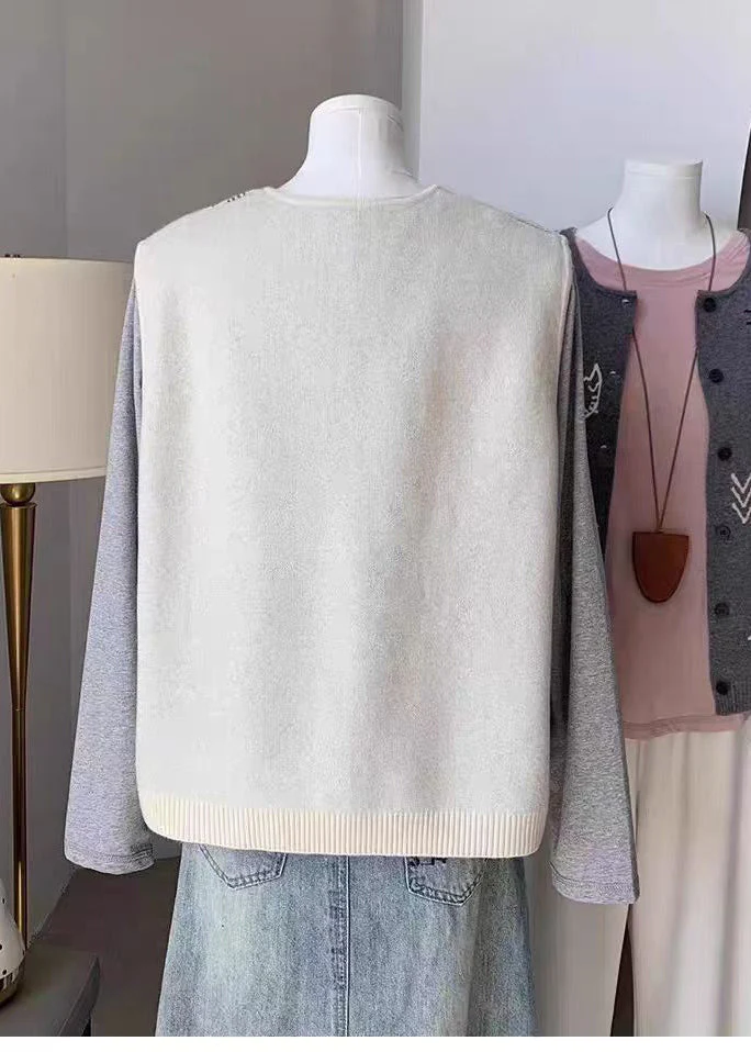 Loose Grey O-Neck Print Button Knitted Cotton Waistcoat Sleeveless - Image 5