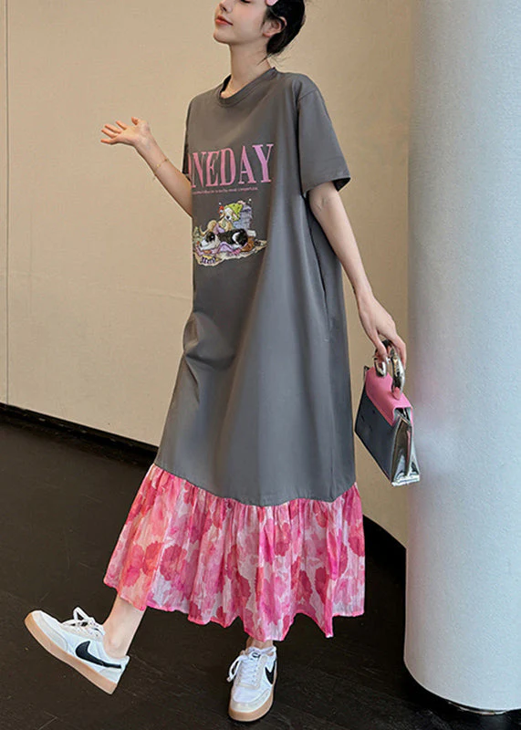 Loose Grey O-Neck Print Chiffon Patchwork Long Dress Summer - Image 5