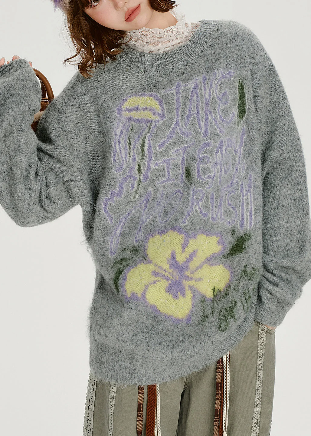 Loose Grey O Neck Thick Jacquard Knit Sweater Tops Winter - Image 2
