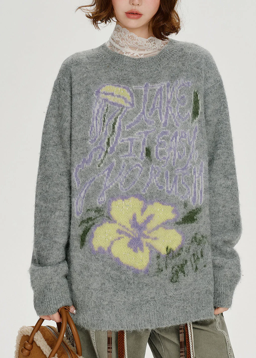 Loose Grey O Neck Thick Jacquard Knit Sweater Tops Winter - Image 3
