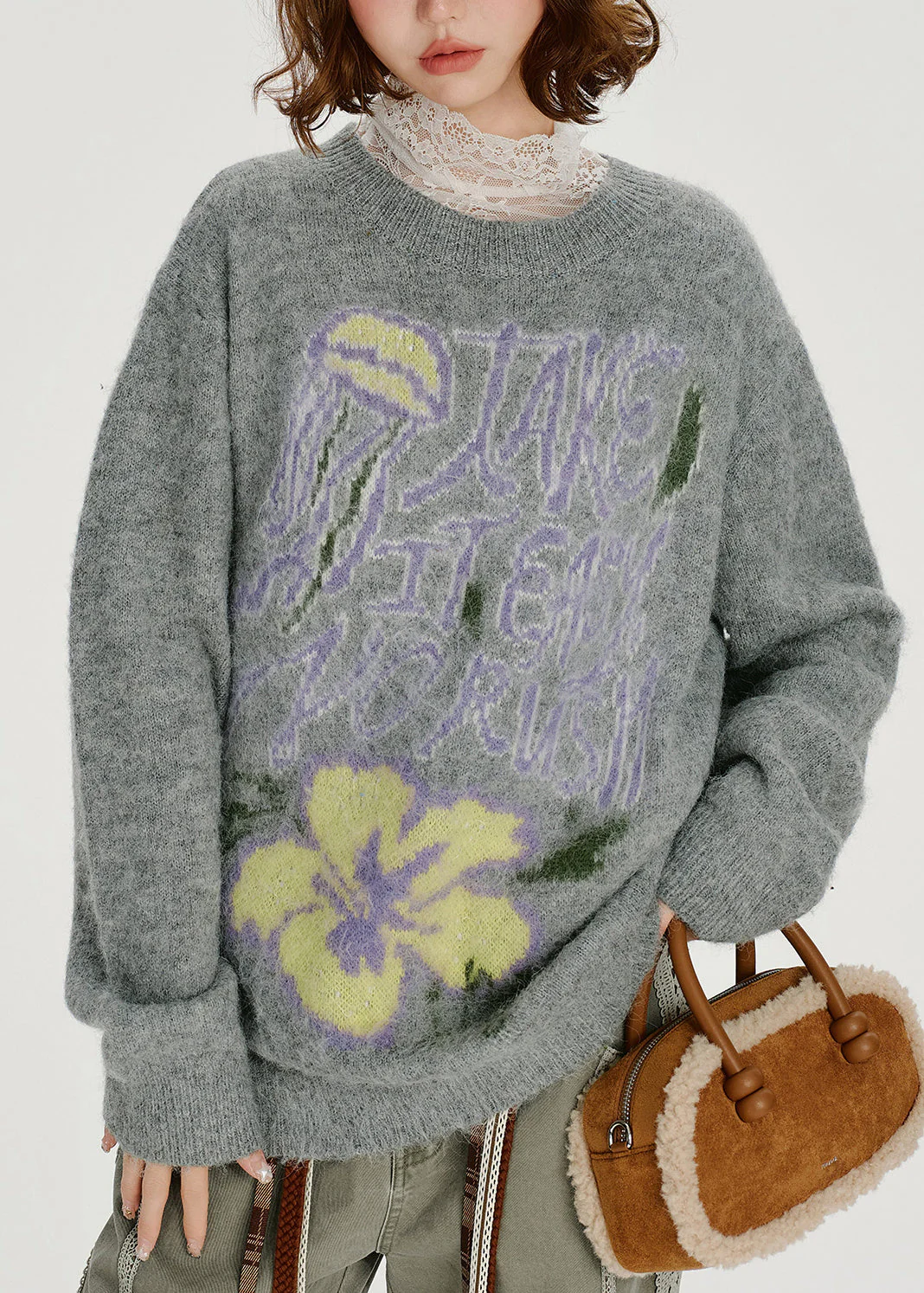 Loose Grey O Neck Thick Jacquard Knit Sweater Tops Winter - Image 4
