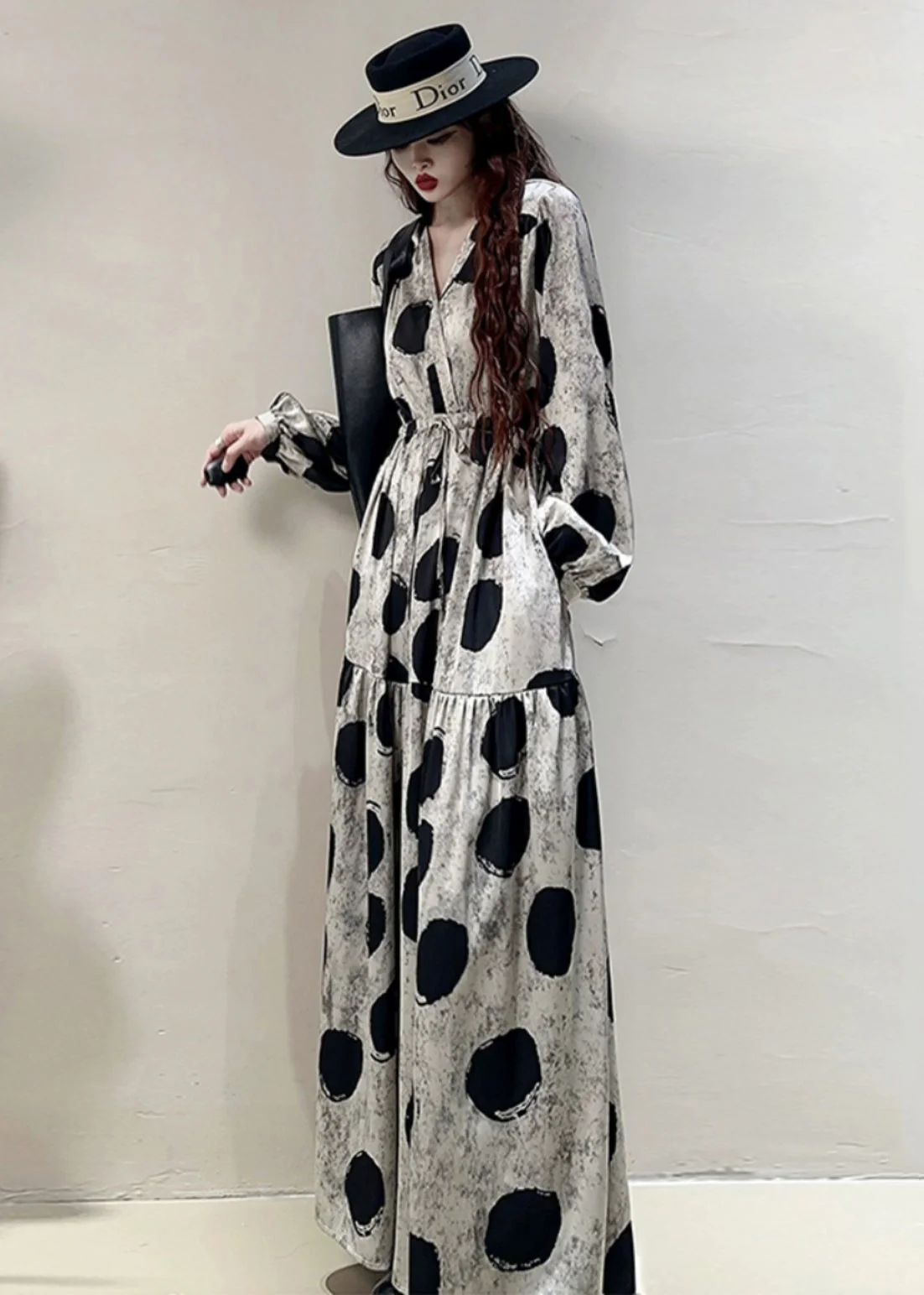 Loose Grey Print Lace Up Pockets Cotton Long Dresses Spring - Image 4