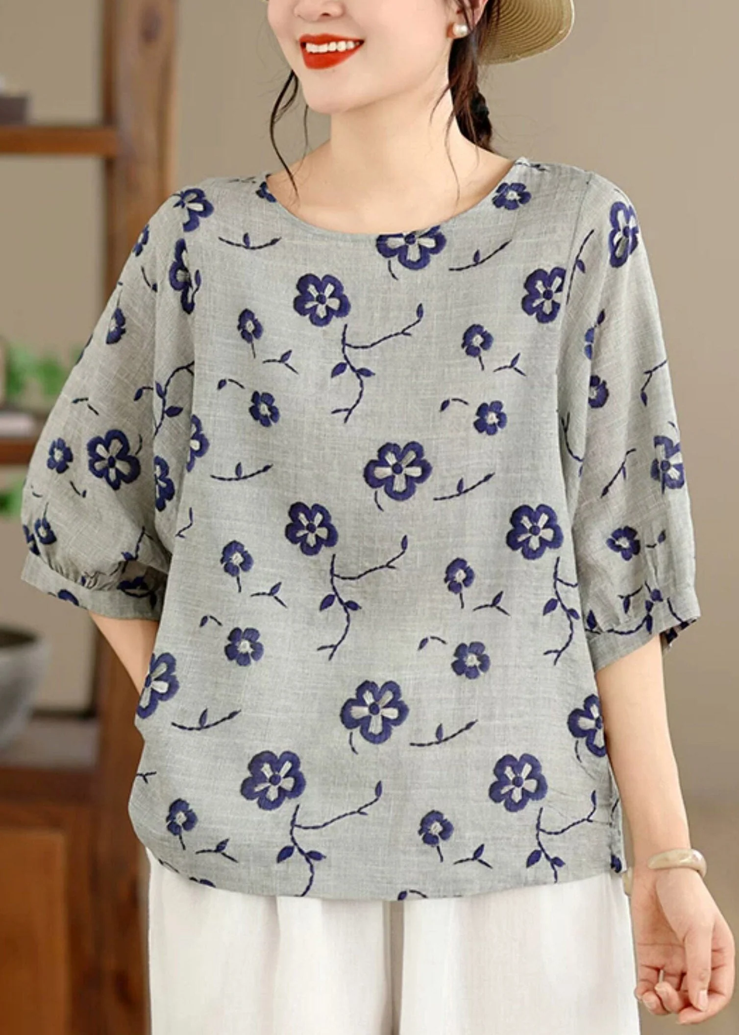 Loose Grey Print Tops O-Neck Half Sleeve - Image 2