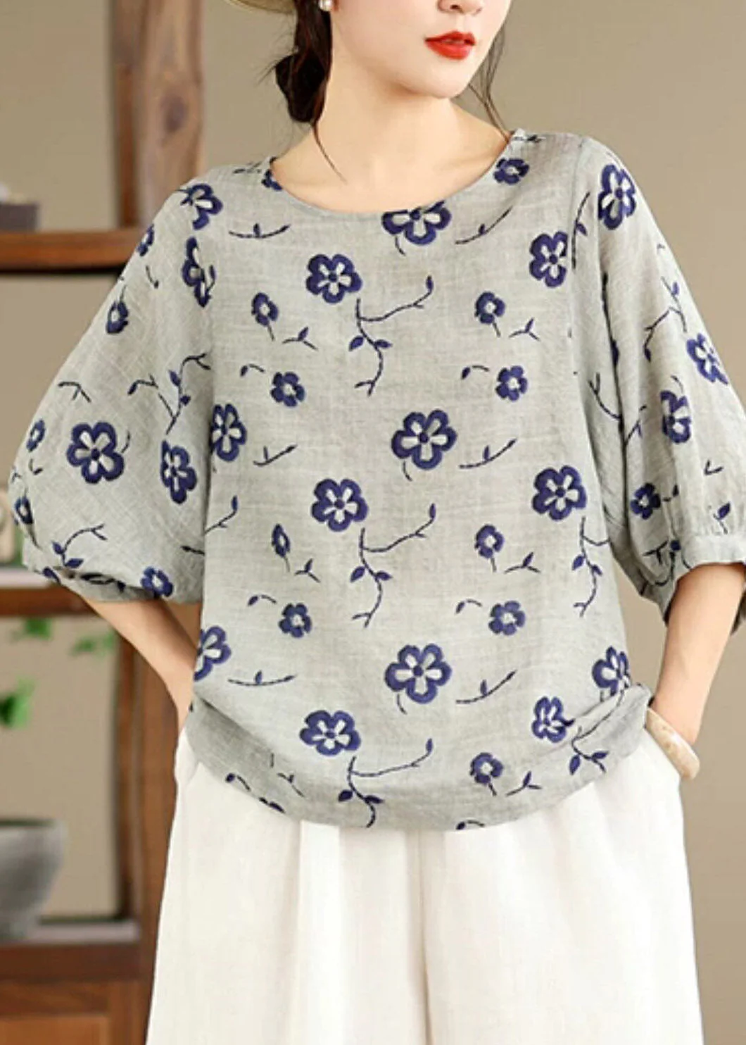 Loose Grey Print Tops O-Neck Half Sleeve - Image 3