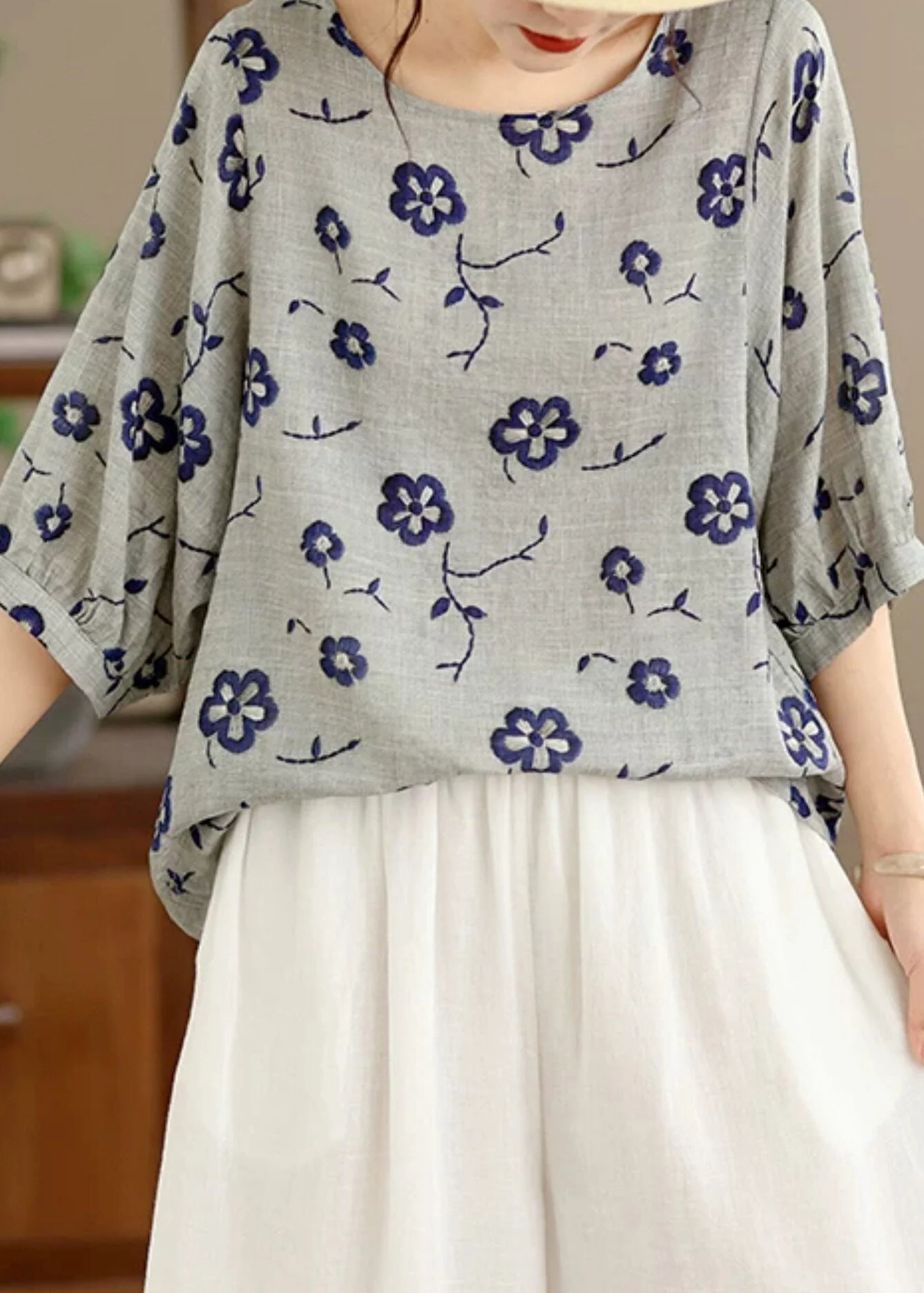 Loose Grey Print Tops O-Neck Half Sleeve - Image 4