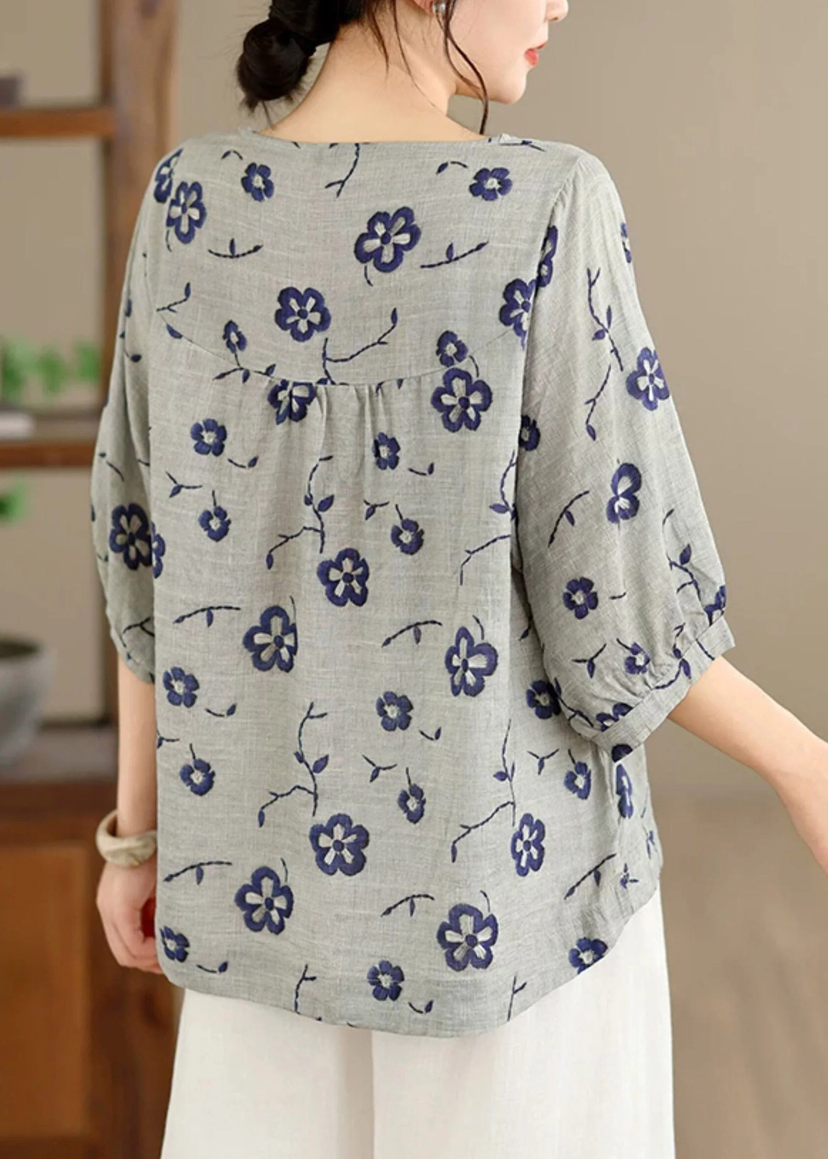 Loose Grey Print Tops O-Neck Half Sleeve - Image 5