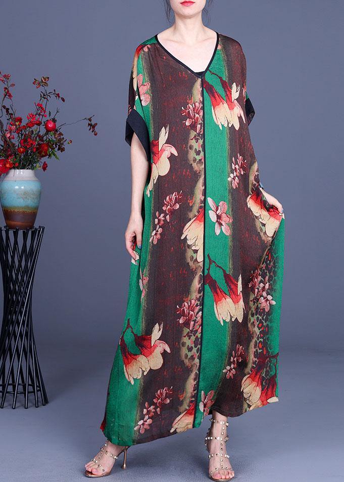 Loose Grey Print V Neck Short Sleeve Chiffon Vacation Dresses - Image 2