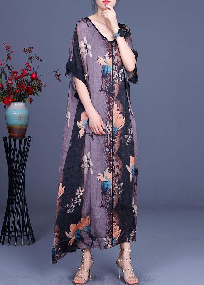 Loose Grey Print V Neck Short Sleeve Chiffon Vacation Dresses - Image 3