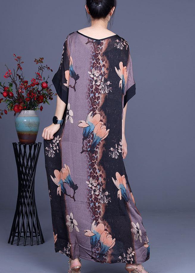Loose Grey Print V Neck Short Sleeve Chiffon Vacation Dresses - Image 4