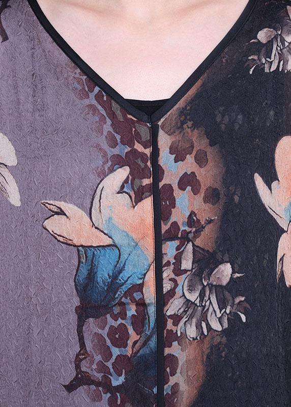 Loose Grey Print V Neck Short Sleeve Chiffon Vacation Dresses - Image 5