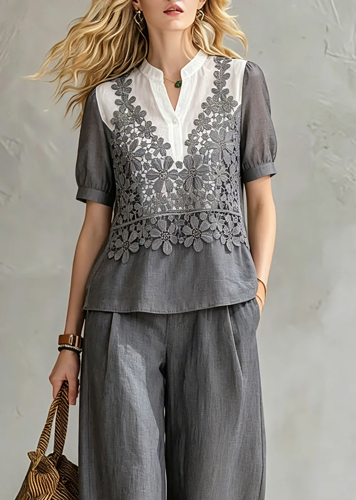Loose Grey Stand Collar Floral Shirt And Wide Leg Pants Two Pieces Set Summer - Image 2