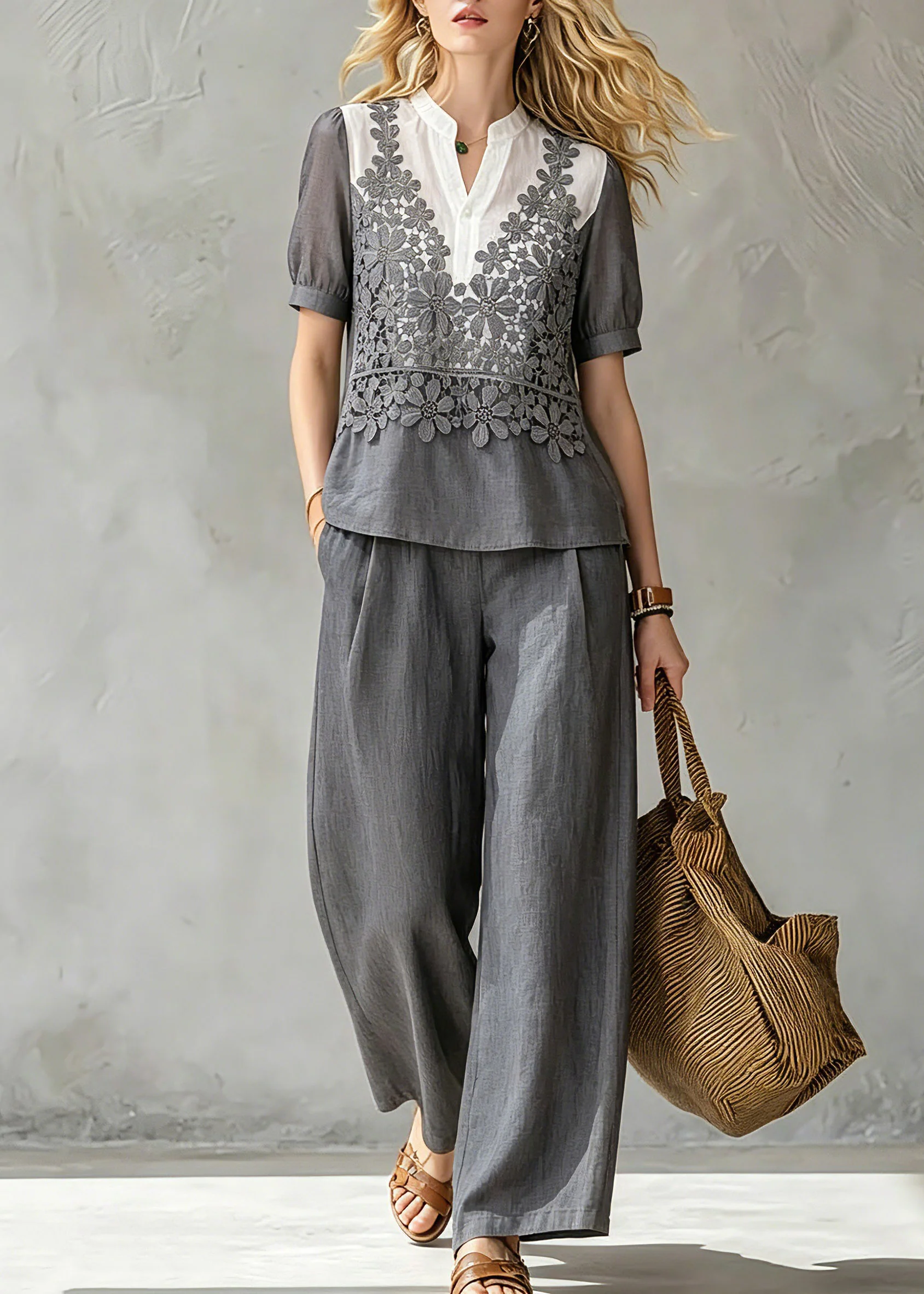 Loose Grey Stand Collar Floral Shirt And Wide Leg Pants Two Pieces Set Summer - Image 3