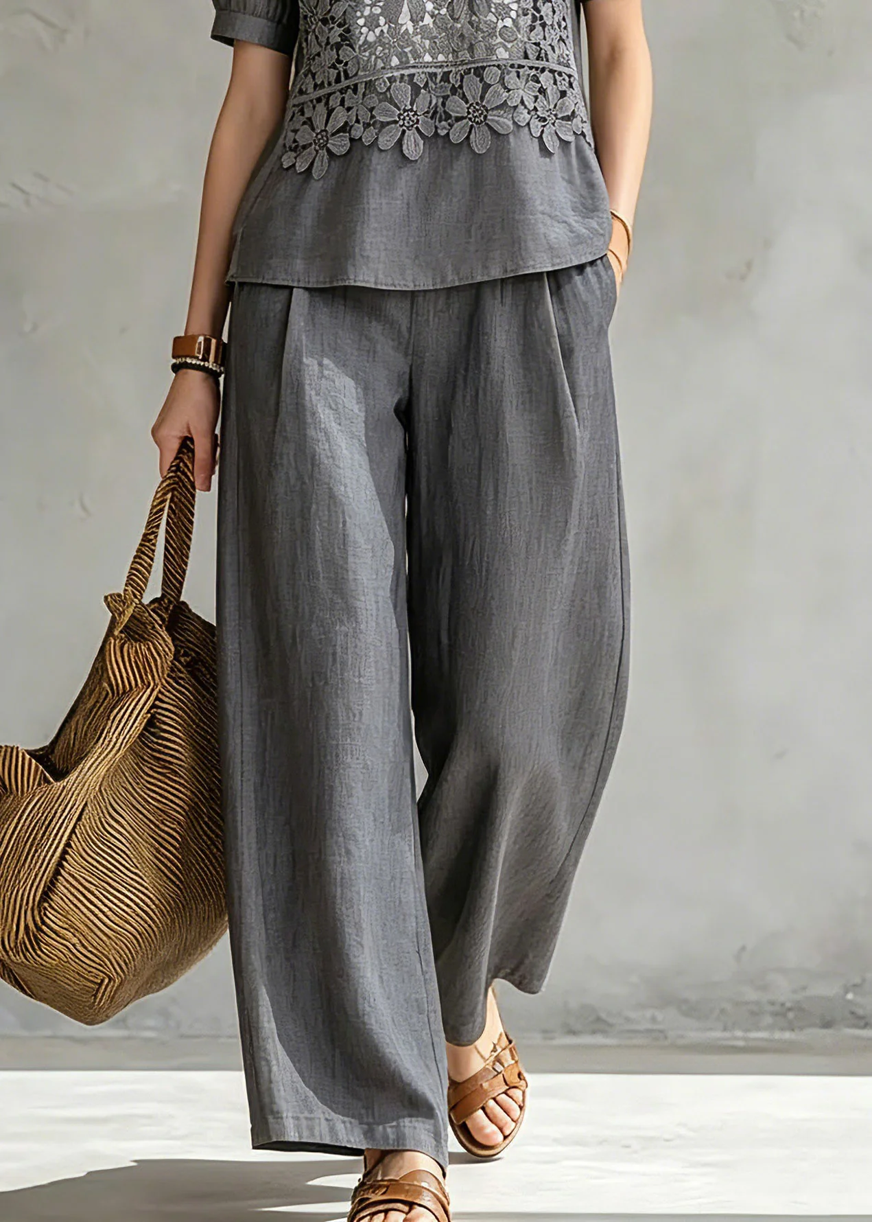 Loose Grey Stand Collar Floral Shirt And Wide Leg Pants Two Pieces Set Summer - Image 4