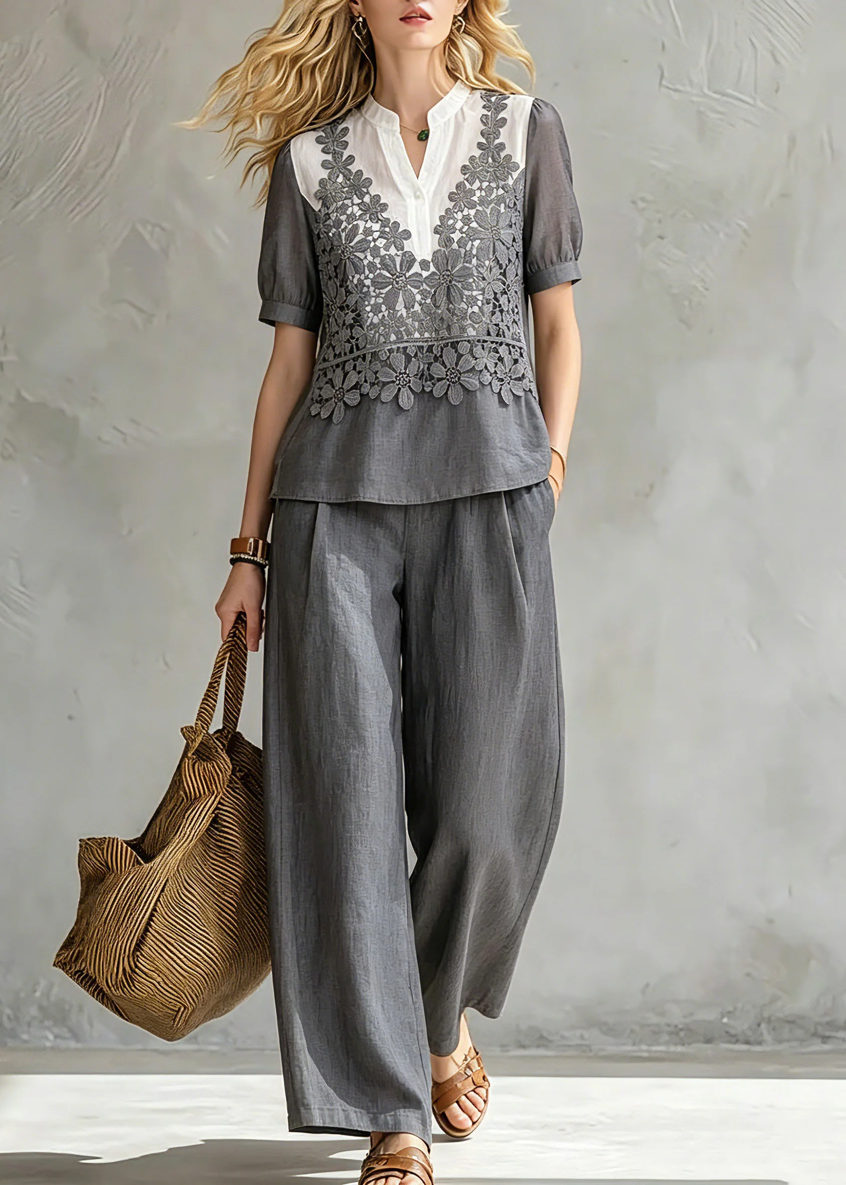 Loose Grey Stand Collar Floral Shirt And Wide Leg Pants Two Pieces Set Summer - Image 5