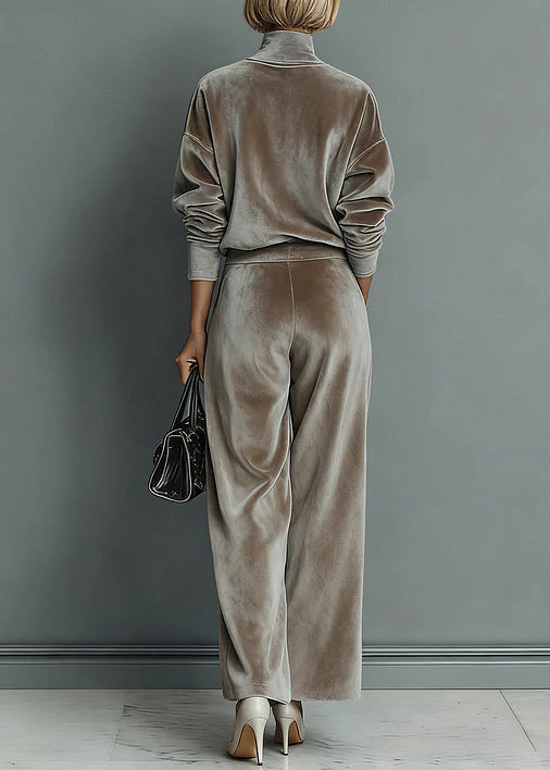Loose Grey Turtleneck Pockets Tops And Pants Silk Velvet Two Pieces Set Spring - Image 5