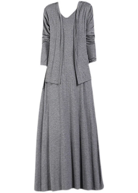 Loose Grey V Neck Cotton Cardigans And Dress Two Pieces Set Summer - Image 5