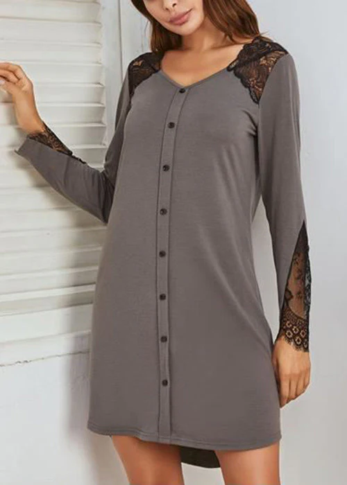 Loose Grey V Neck Lace Patchwork Cotton Pajamas Dress Spring - Image 3