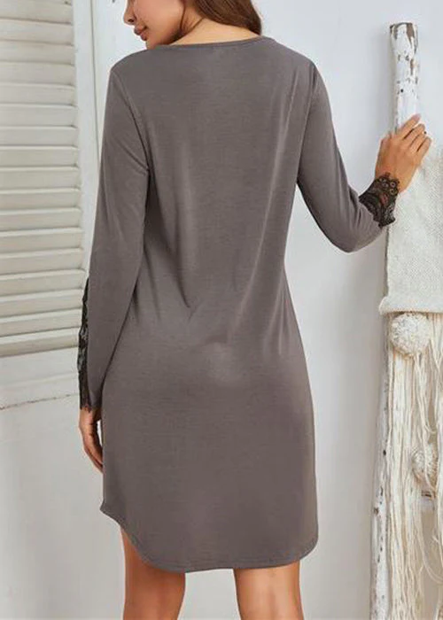 Loose Grey V Neck Lace Patchwork Cotton Pajamas Dress Spring - Image 4