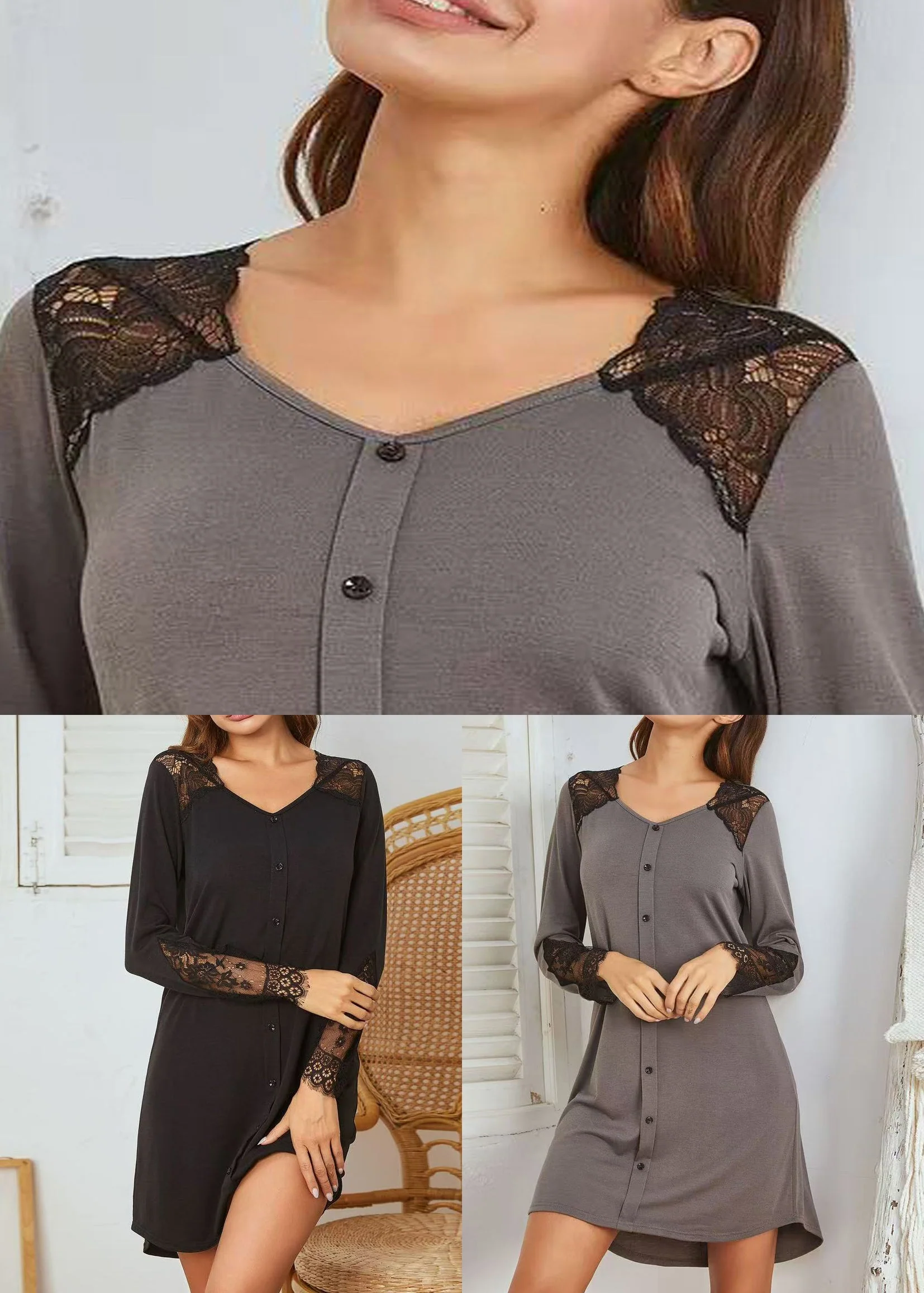 Loose Grey V Neck Lace Patchwork Cotton Pajamas Dress Spring - Image 5