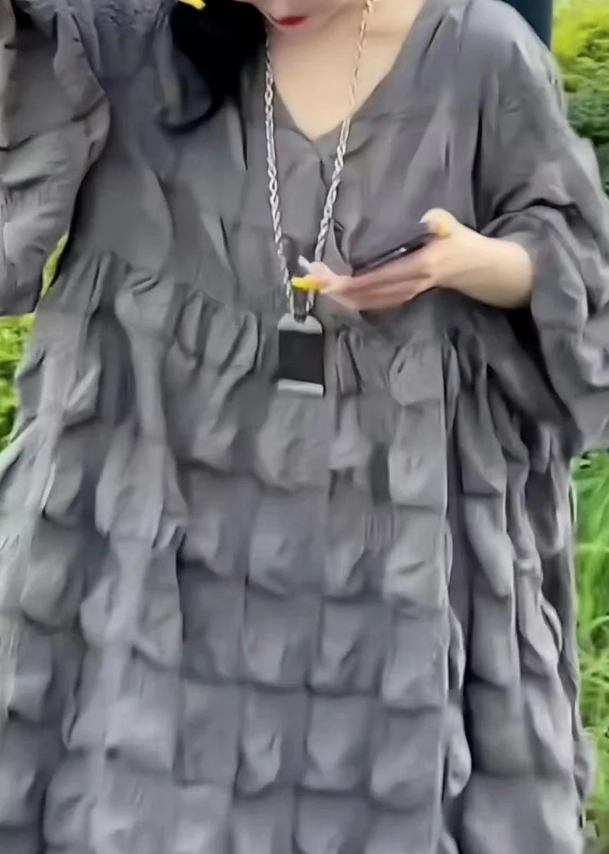 Loose Grey V Neck Original Design Cotton Dress Flare Sleeve - Image 3