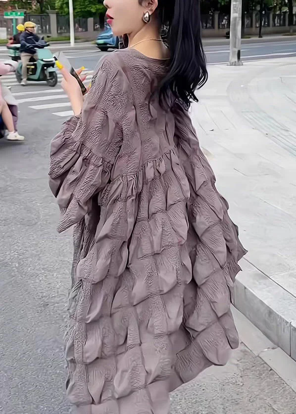 Loose Grey V Neck Original Design Cotton Dress Flare Sleeve - Image 4
