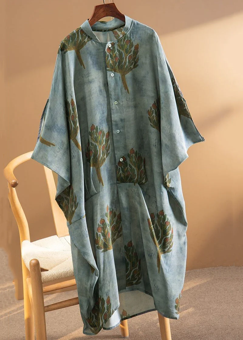 Loose Khaki Button Print Patchwork Cotton Dress Summer - Image 2