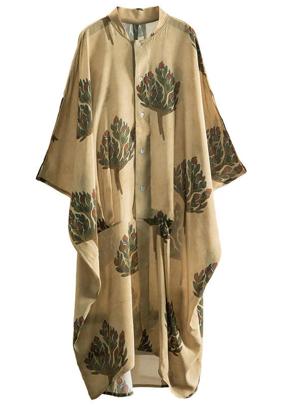 Loose Khaki Button Print Patchwork Cotton Dress Summer - Image 5