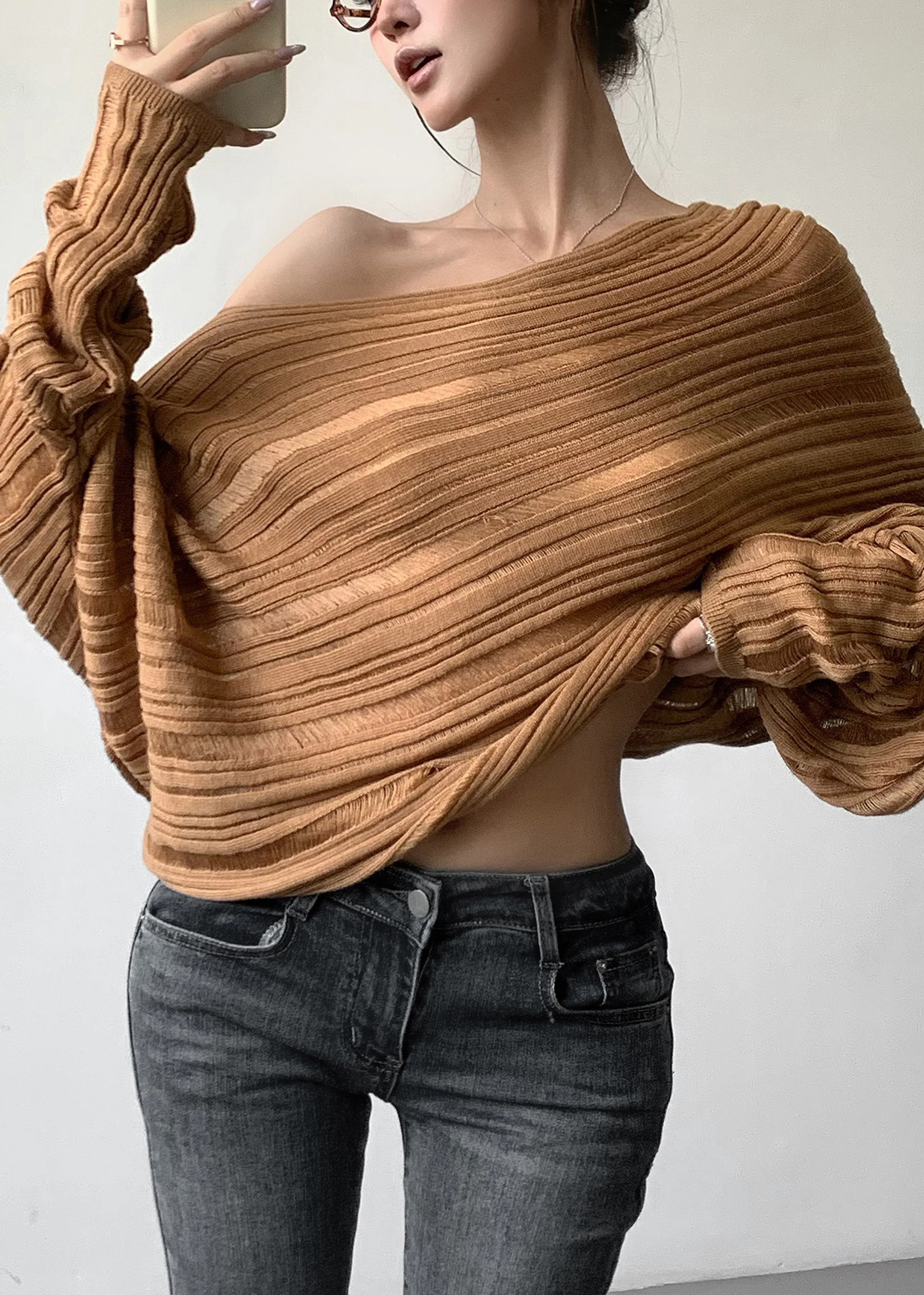 Loose Khaki Cold Shoulder Cozy Knit Sweater Batwing Sleeve - Image 3