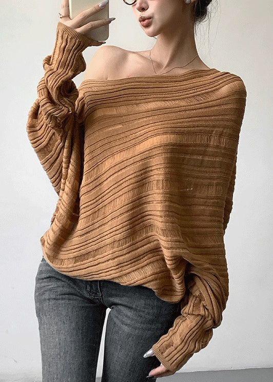 Loose Khaki Cold Shoulder Cozy Knit Sweater Batwing Sleeve - Image 4