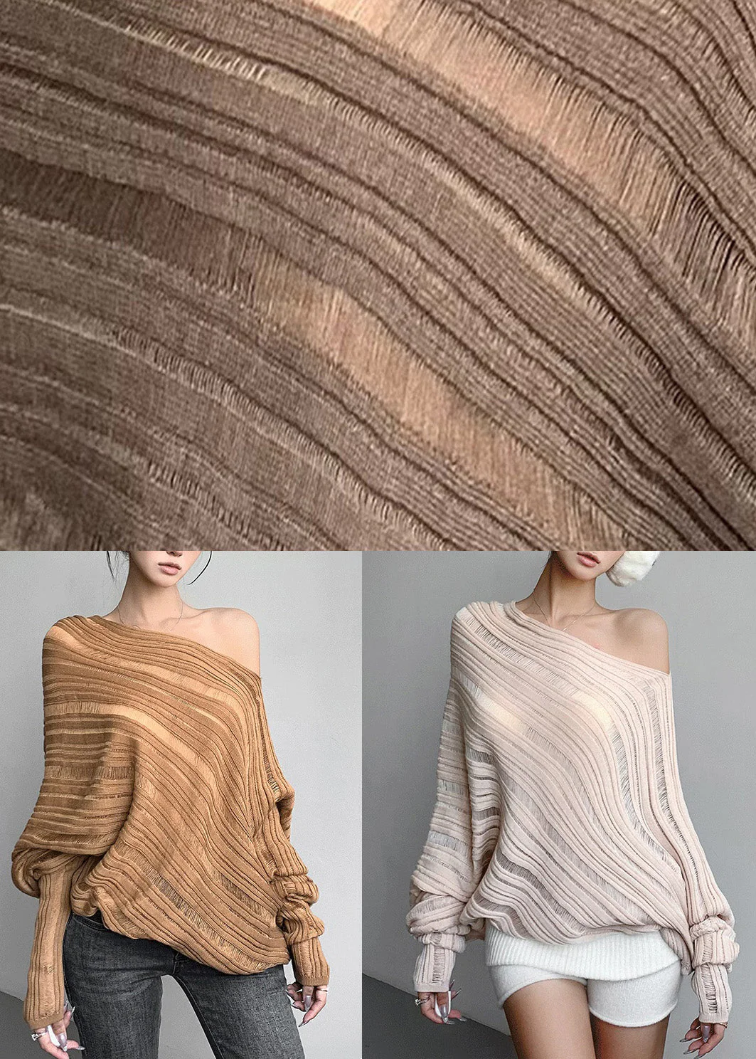Loose Khaki Cold Shoulder Cozy Knit Sweater Batwing Sleeve - Image 5