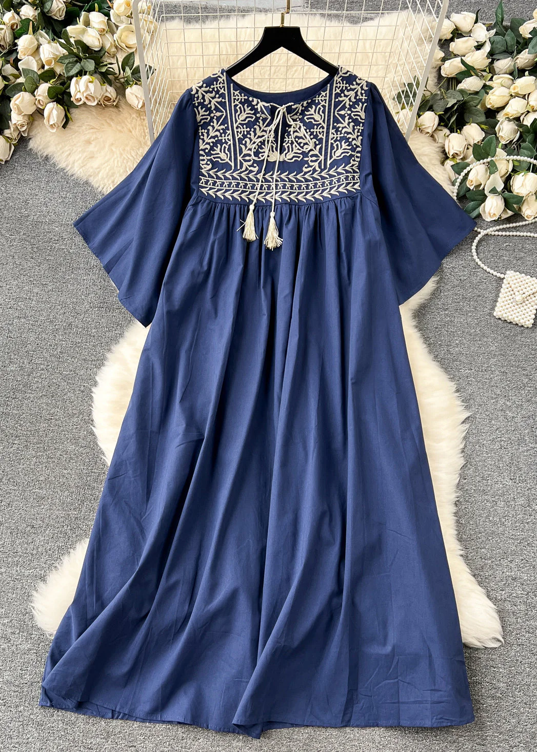 Loose Khaki Embroidered Lace Up Cotton Dress Summer - Image 2