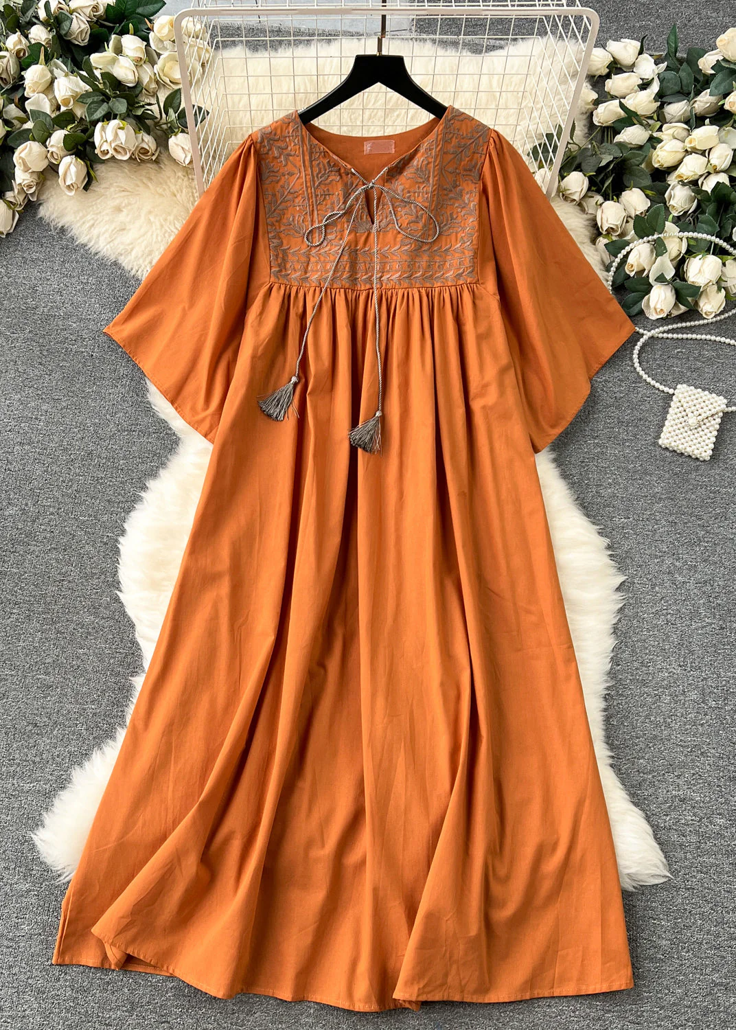 Loose Khaki Embroidered Lace Up Cotton Dress Summer - Image 3