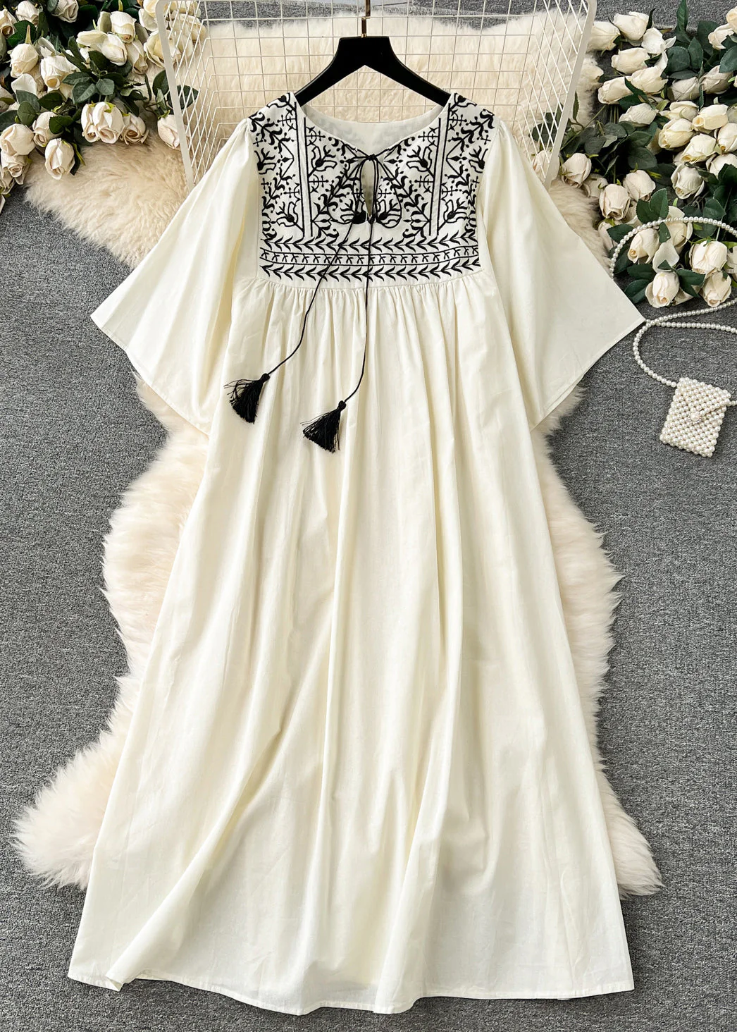 Loose Khaki Embroidered Lace Up Cotton Dress Summer - Image 4