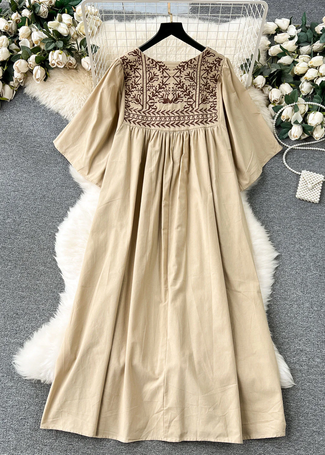 Loose Khaki Embroidered Lace Up Cotton Dress Summer - Image 5