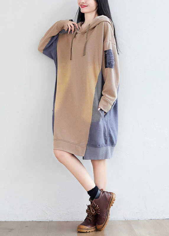 Loose Khaki hooded Asymmetrical Pockets Patchwork Sweatshirts dresses Spring - Image 2