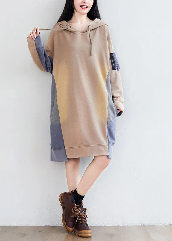 Loose Khaki hooded Asymmetrical Pockets Patchwork Sweatshirts dresses Spring - Image 3