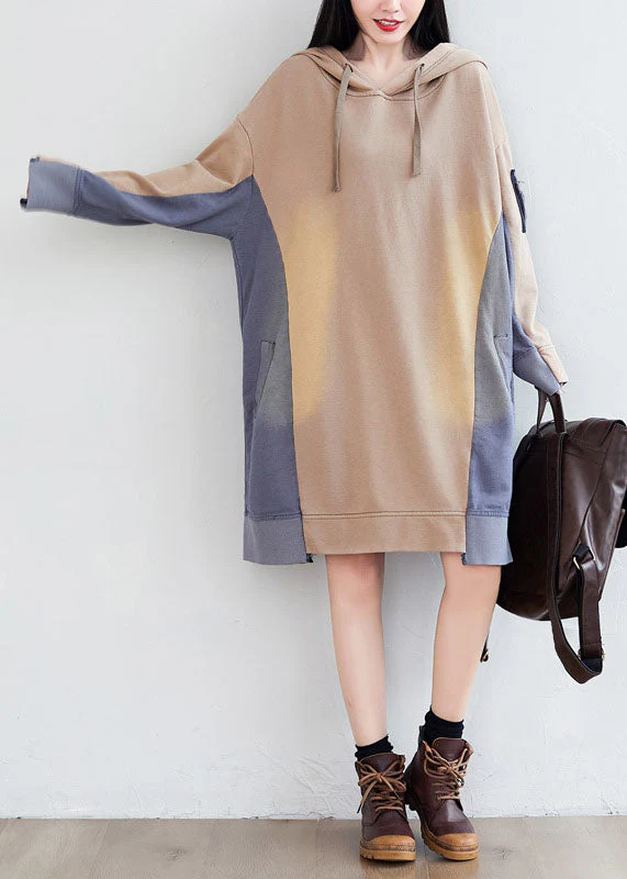 Loose Khaki hooded Asymmetrical Pockets Patchwork Sweatshirts dresses Spring - Image 4