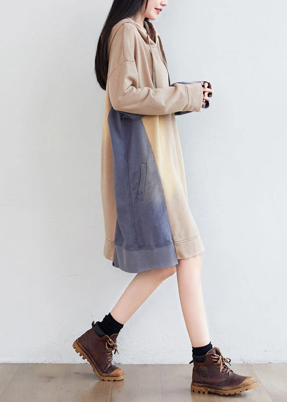 Loose Khaki hooded Asymmetrical Pockets Patchwork Sweatshirts dresses Spring - Image 5