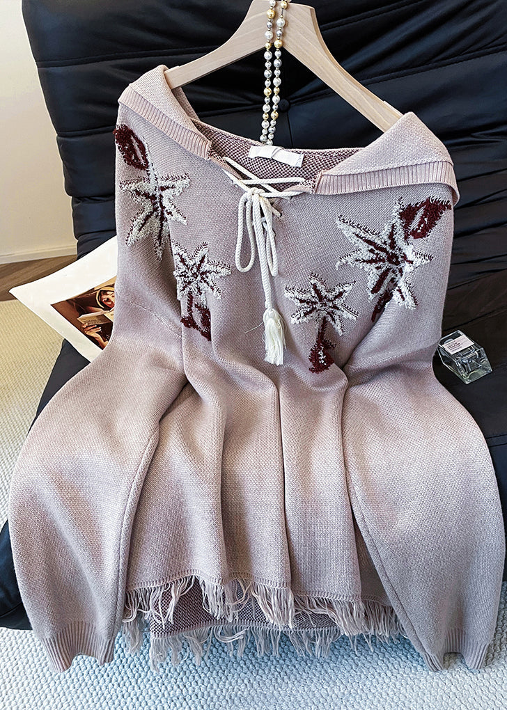 Loose Khaki Hooded Embroidered Lace Up Knit Sweater Tops Fall - Image 2