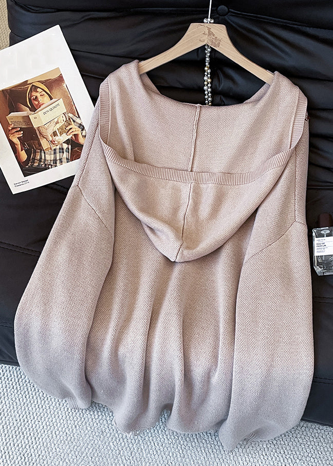 Loose Khaki Hooded Embroidered Lace Up Knit Sweater Tops Fall - Image 3