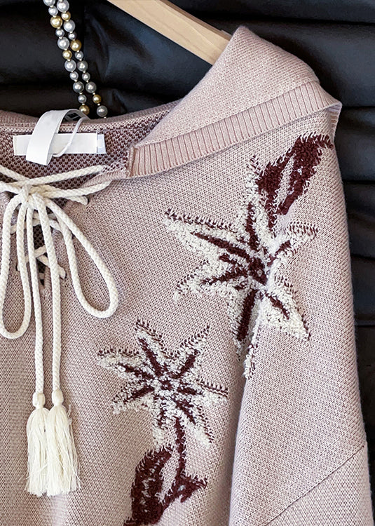 Loose Khaki Hooded Embroidered Lace Up Knit Sweater Tops Fall - Image 4