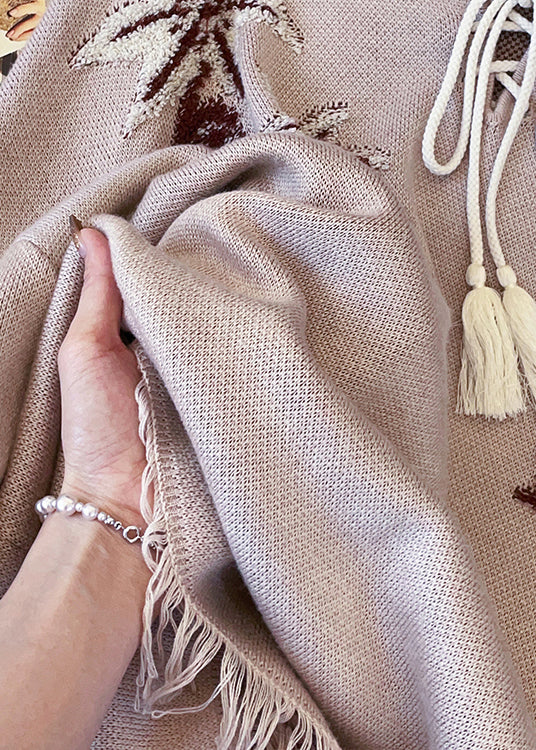 Loose Khaki Hooded Embroidered Lace Up Knit Sweater Tops Fall - Image 5