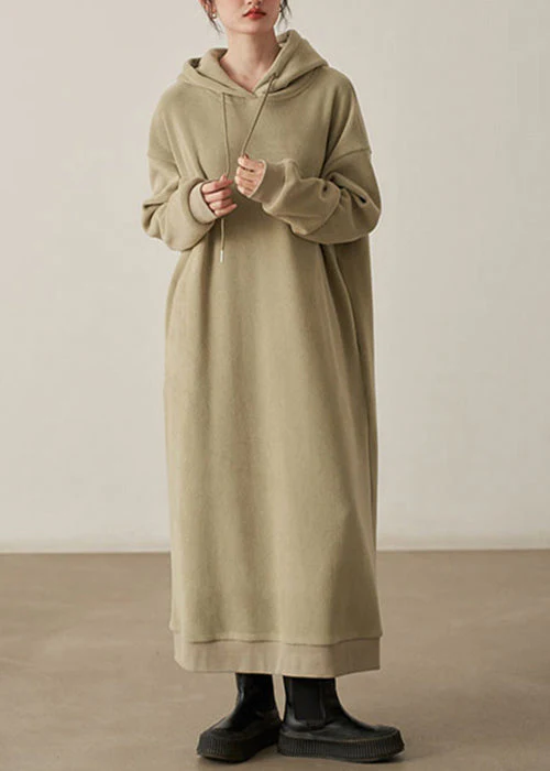Loose Khaki Hooded Pockets Woolen Long Dresses Fall