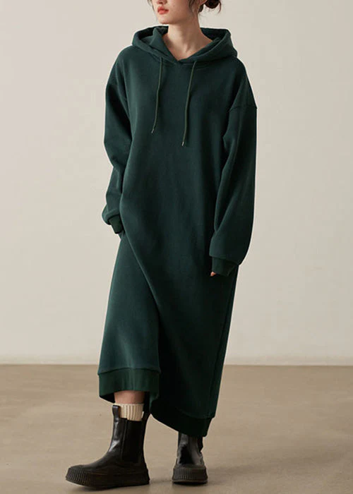Loose Khaki Hooded Pockets Woolen Long Dresses Fall - Image 2